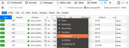 Zobrazeni protokolu v konzoli prohlizece