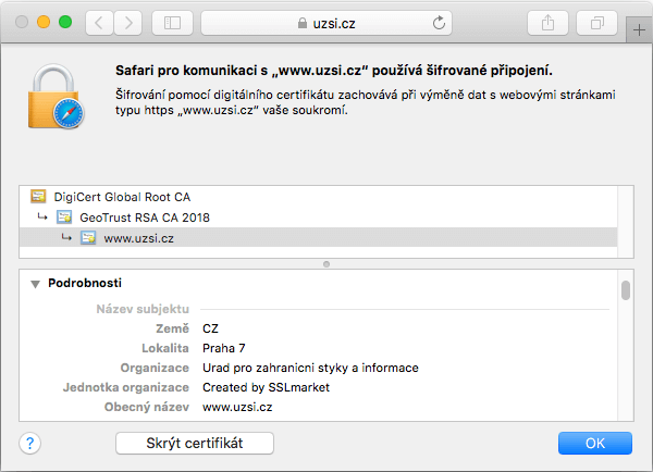 Zobrazení certifikátu GeoTrust True BusinessID Wildcard v adresním řádku prohlížeče Zobrazení certifikátu GeoTrust True BusinessID Wildcard v adresním řádku prohlížeče