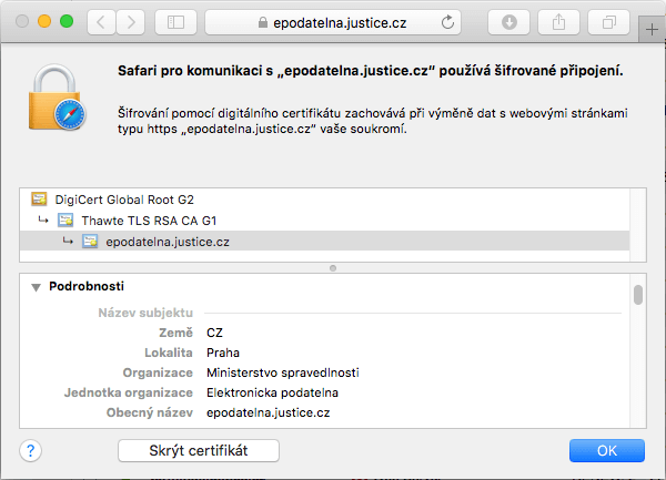 Zobrazení certifikátu Thawte Web Server v adresním řádku prohlížeče Zobrazení certifikátu Thawte Web Server v adresním řádku prohlížeče
