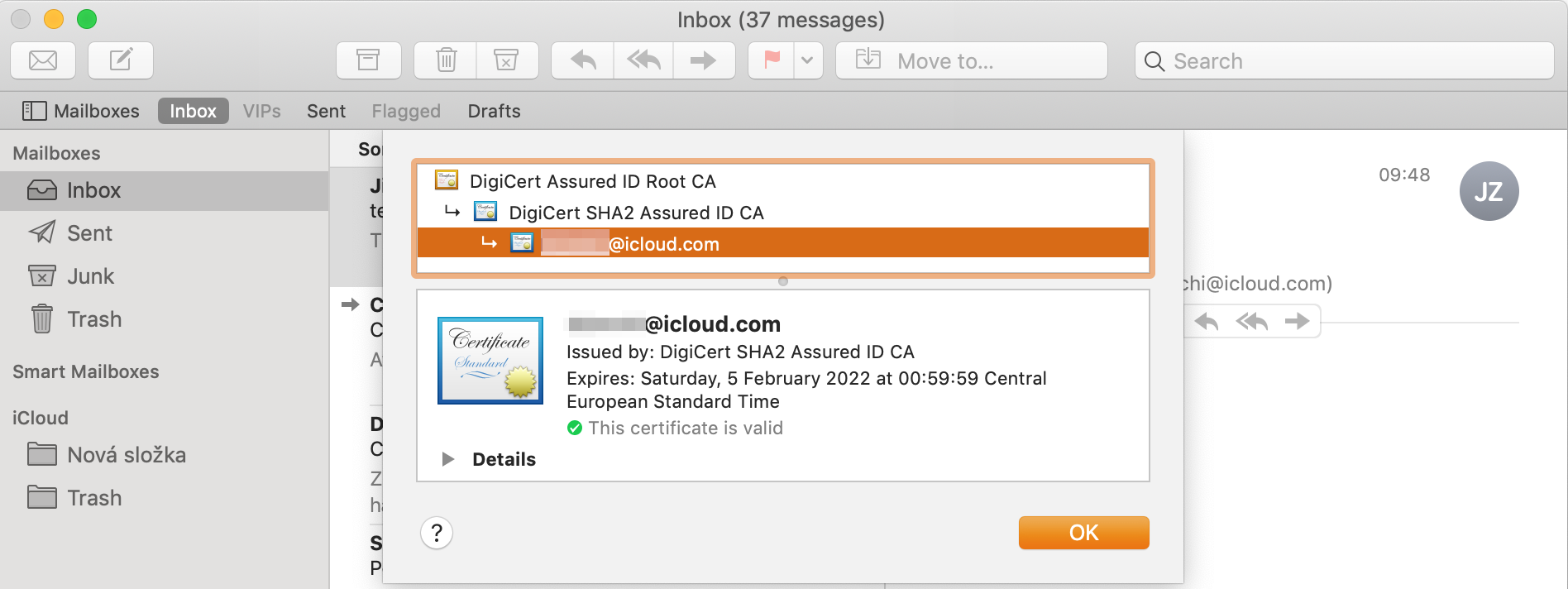 Detail certifikátu v aplikaci Mail