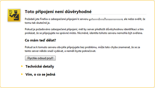varování o nedůvěryhodnosti SSL certifikátu v prohlížeči