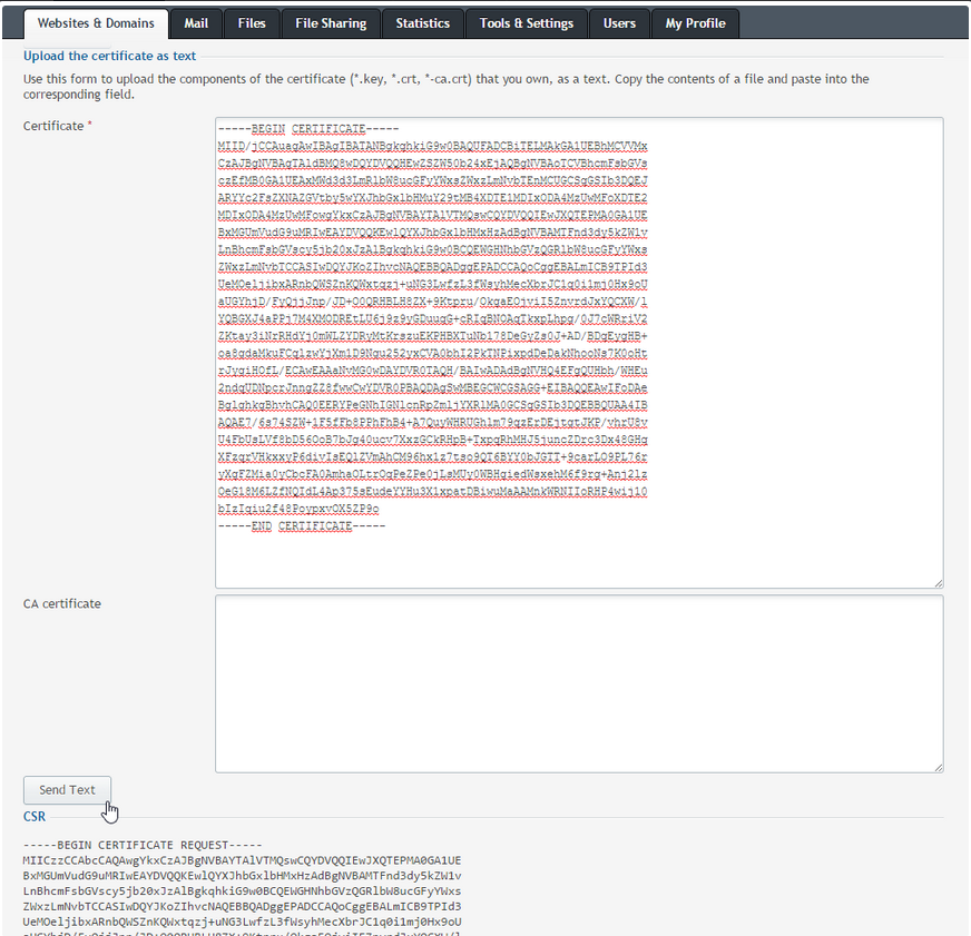 Vložte do formuláře text certifikátu a intermediate cert., a klikněte na Send text.