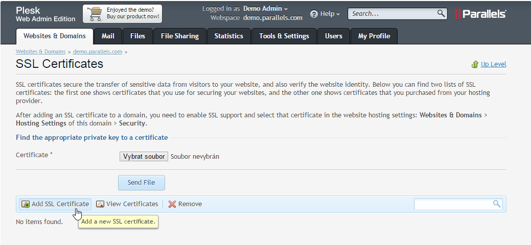 klikněte na Add SSL certificate