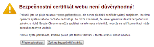 Nedůvěryhodný SSL certifikát v Google Chrome