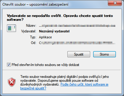 Aplikace nepodepsaná Code signing certifikátem