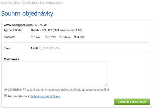 Souhr objednávky SSL certifikátu SSLmarket