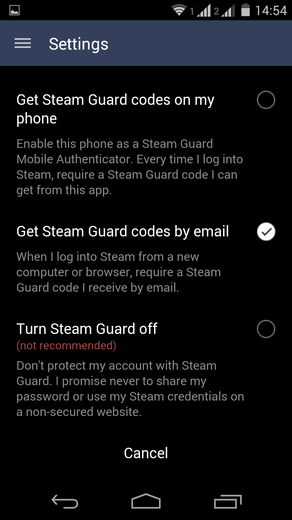 Volba, jak zasílat heslo pro Steam Guard