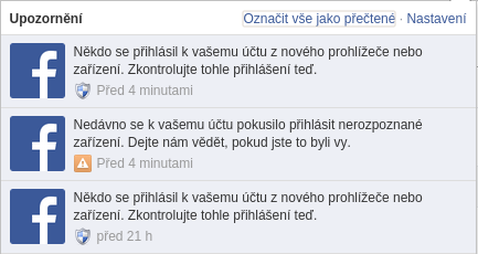 Facebook informuje o novém přihlášení