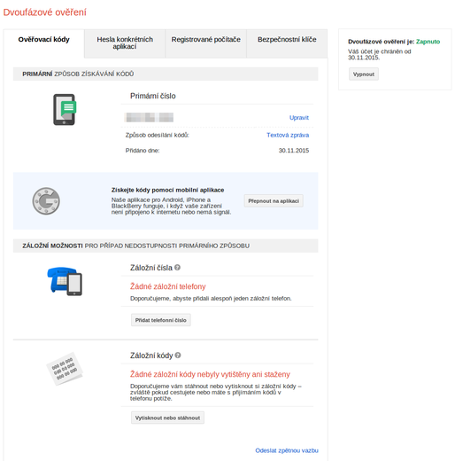 Přehled dvoufázového přihlašování do Googlu