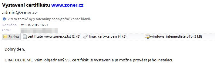 Nový SSL certifikát zaslaný SSLmarketem