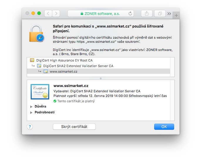 Zobrazení certifikátu DigiCert Extended Validation SSL v adresním řádku prohlížeče Zobrazení certifikátu DigiCert Extended Validation SSL v adresním řádku prohlížeče