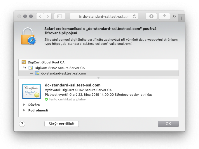 Zobrazení certifikátu DigiCert Standard SSL v adresním řádku prohlížeče Zobrazení certifikátu DigiCert Standard SSL v adresním řádku prohlížeče
