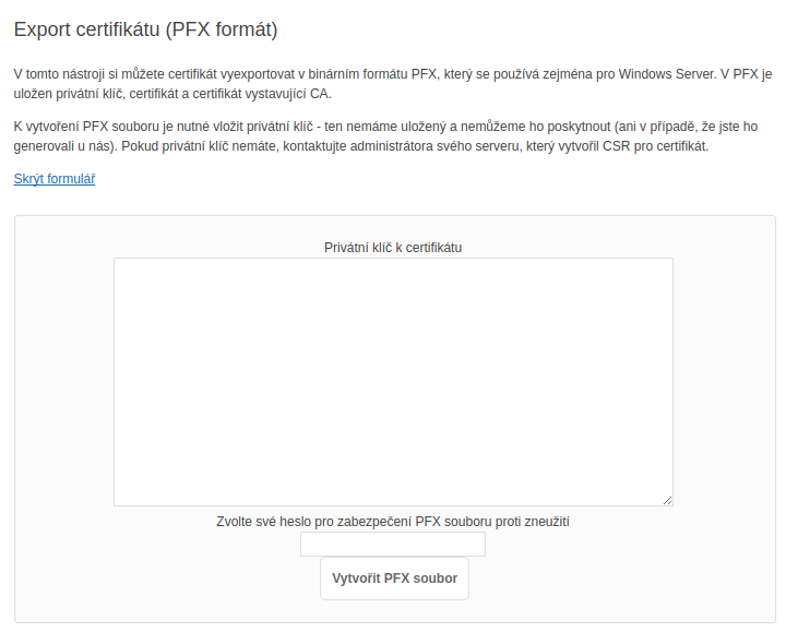 Vygenerování PFX v detailu objednávky Vygenerování PFX v detailu objednávky