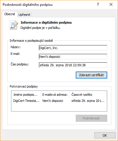 Detail certifikátu DigiCert Code Signing