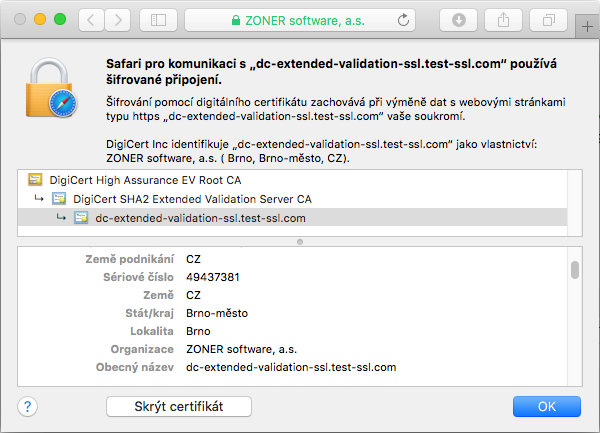 Zobrazení certifikátu DigiCert Extended Validation SSL v adresním řádku prohlížeče