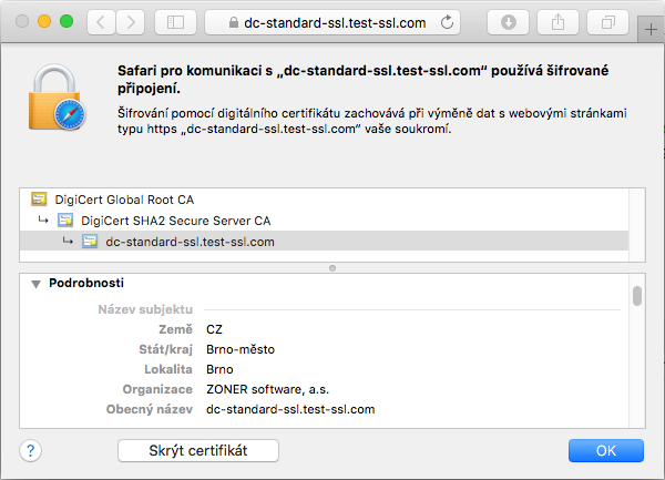 Zobrazení certifikátu DigiCert Wildcard SSL v adresním řádku prohlížeče