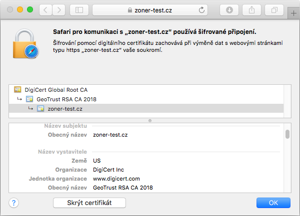 Zobrazení certifikátu GeoTrust QuickSSL Premium v adresním řádku prohlížeče