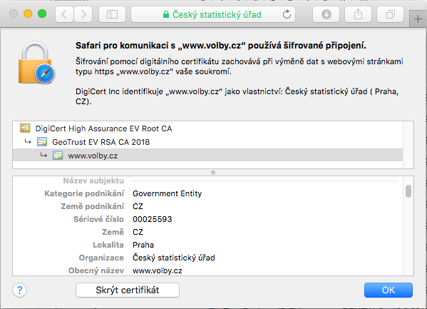 Zobrazení certifikátu GeoTrust True BusinessID EV v adresním řádku prohlížeče