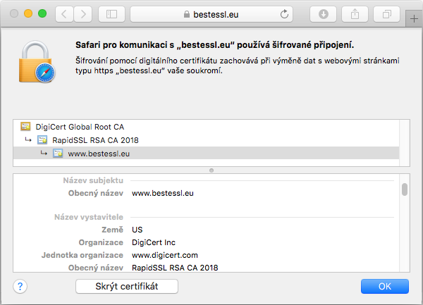 Zobrazení certifikátu RapidSSL v adresním řádku prohlížeče