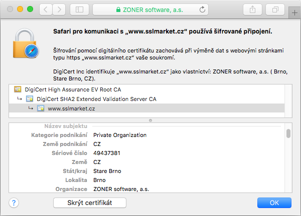 Zobrazení certifikátu Secure Site EV v adresním řádku prohlížeče