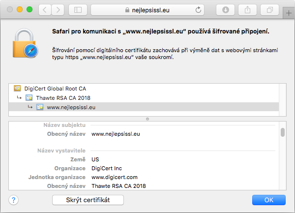Zobrazení certifikátu Thawte SSL123 Wildcard v adresním řádku prohlížeče