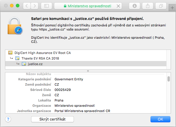 Zobrazení certifikátu Thawte Web Server EV v adresním řádku prohlížeče