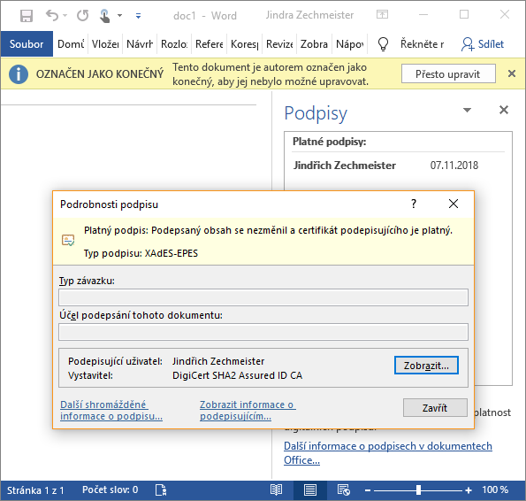 Zobrazení certifikátu DigiCert Document Signing Organization v klientovi