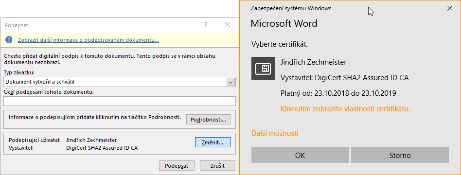 Výběr podpisového certifikátu v MS Word