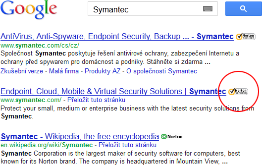 Výsledky vyhledávání Google a Symantec Seal-in-Search
