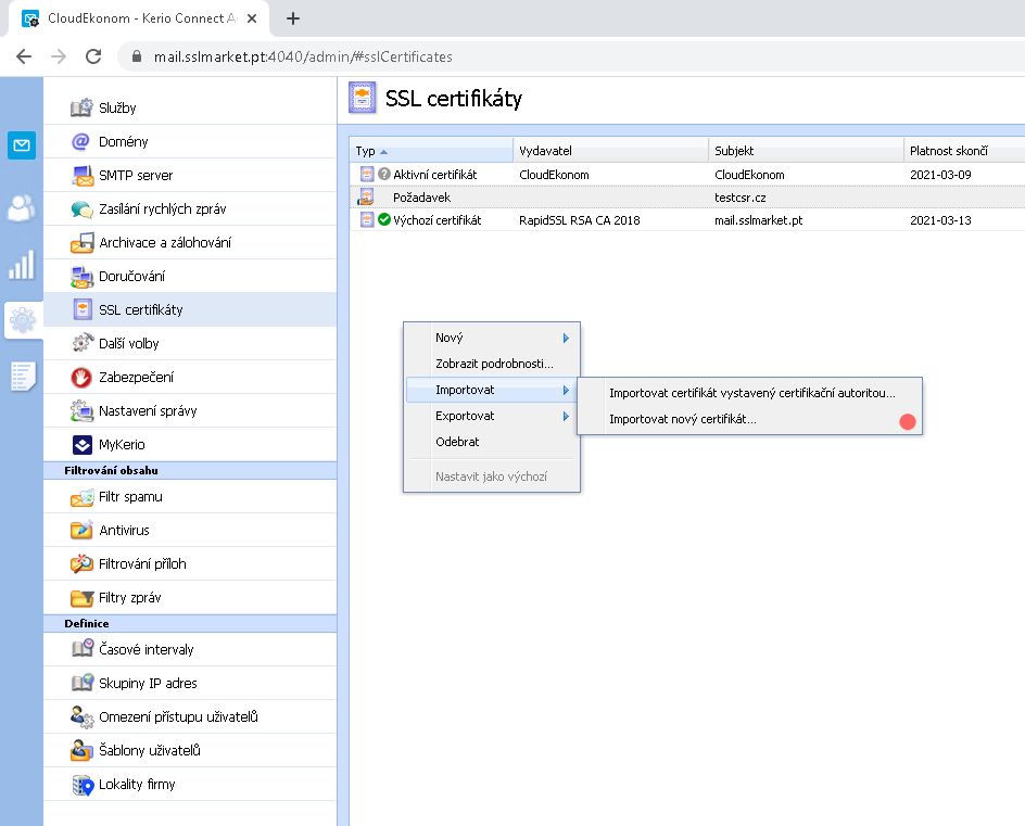 Kerio Connect - Import vydaného certifikátu