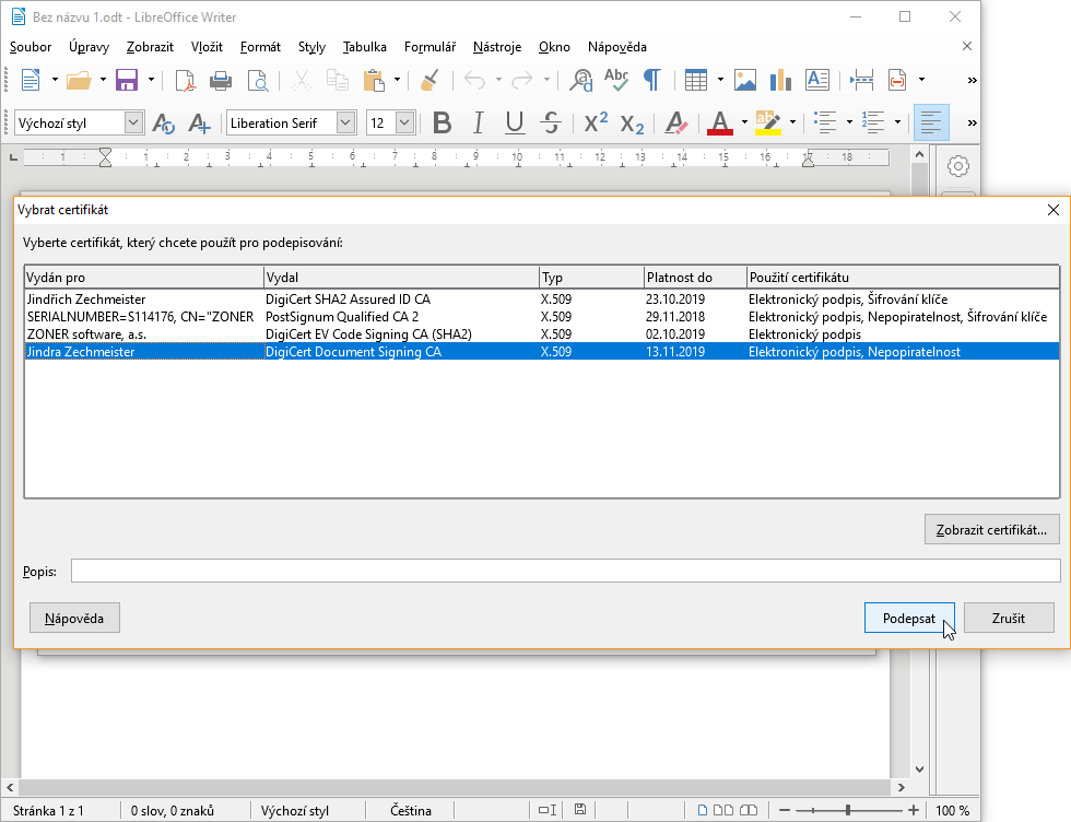 Podpis v Open/LibreOffice