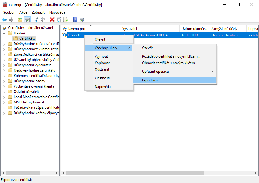 Export certifikátu z MMC
