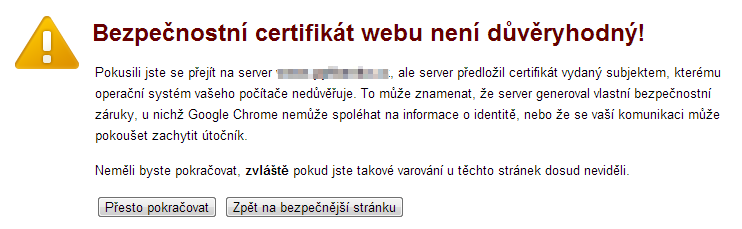 varování o nedůvěryhodnosti SSL certifikátu v prohlížeči