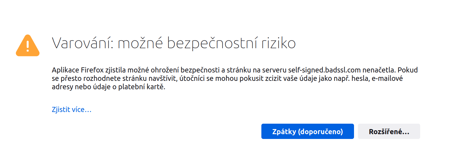 varování o nedůvěryhodnosti SSL certifikátu v prohlížeči