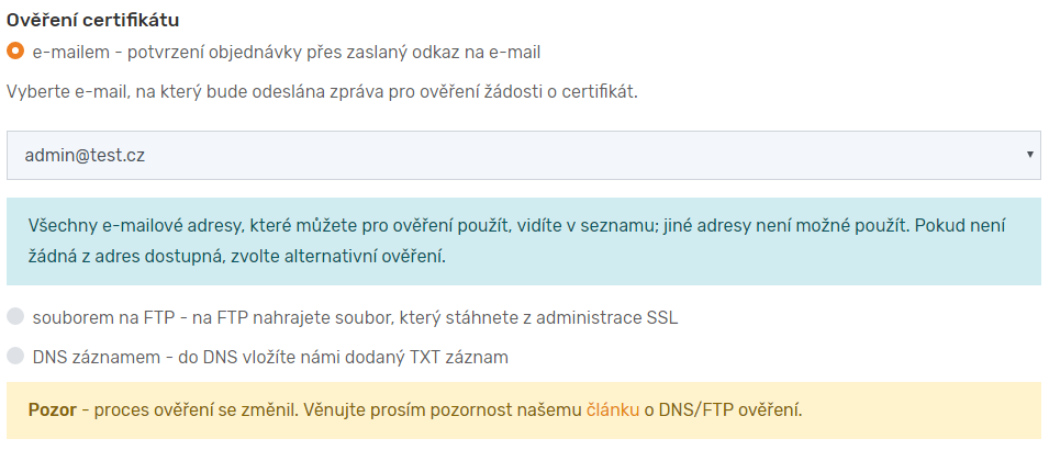 Alternativní možnost ověření DV certifikátu