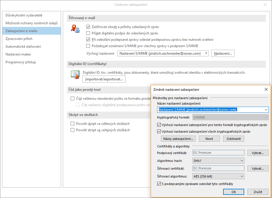 Nastavení S/MIME certifikátu v Outlooku