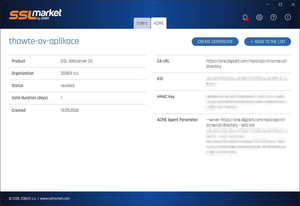 Vytvoření a retence ACME credentials