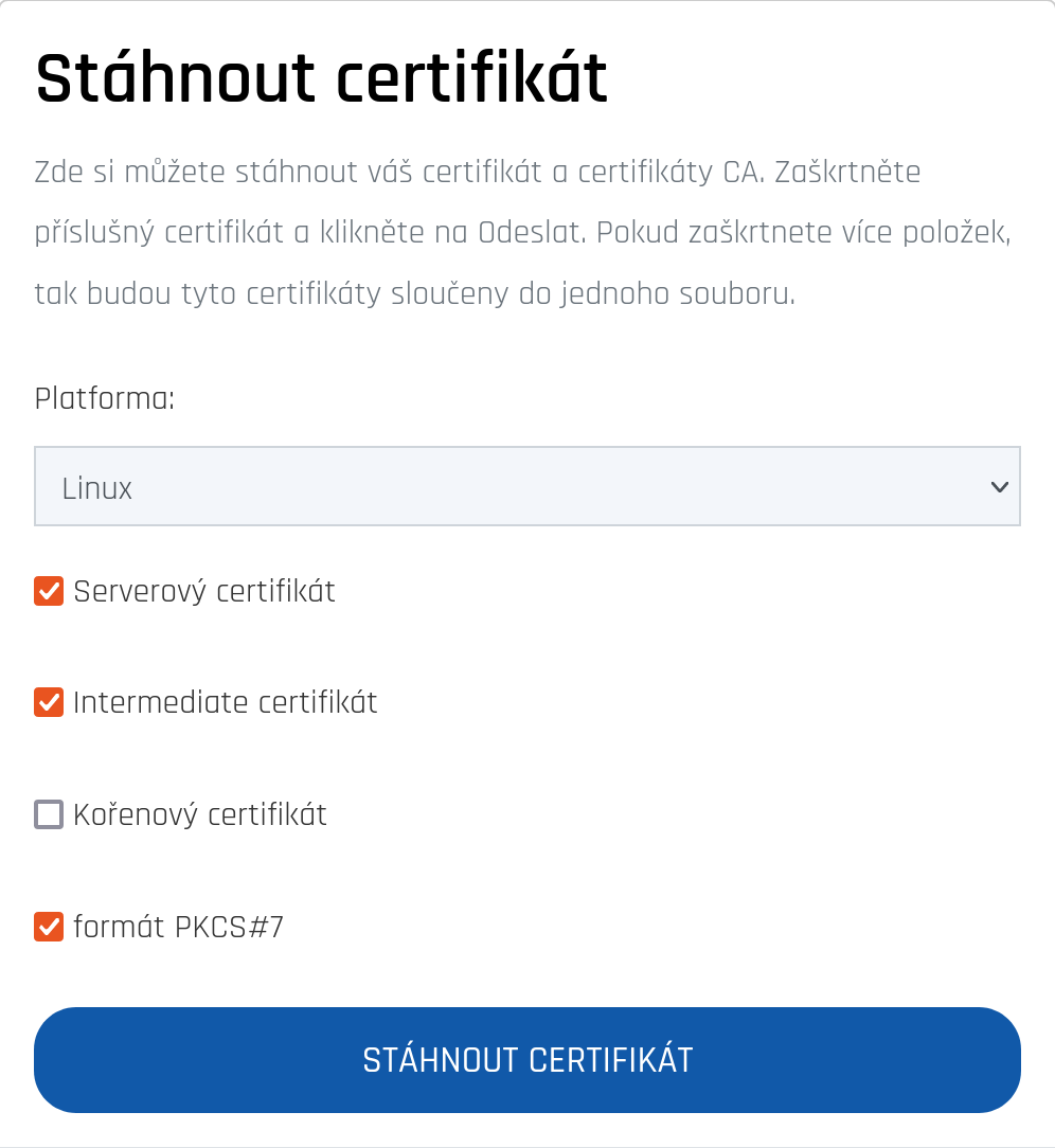 Stažení certifikátu v detailu objednávky