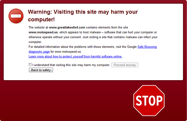 Upozornění prohlížeče - Google Malware warning