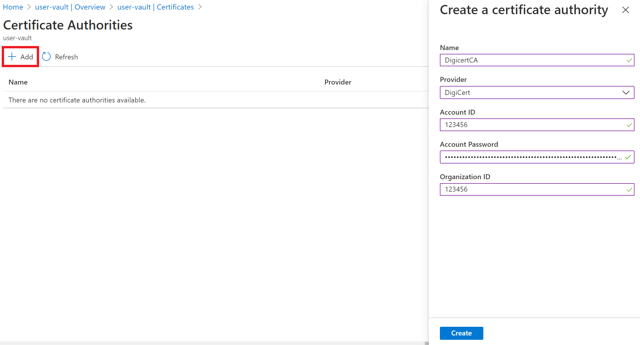Propojení Azure Key Vault s CA DigiCert