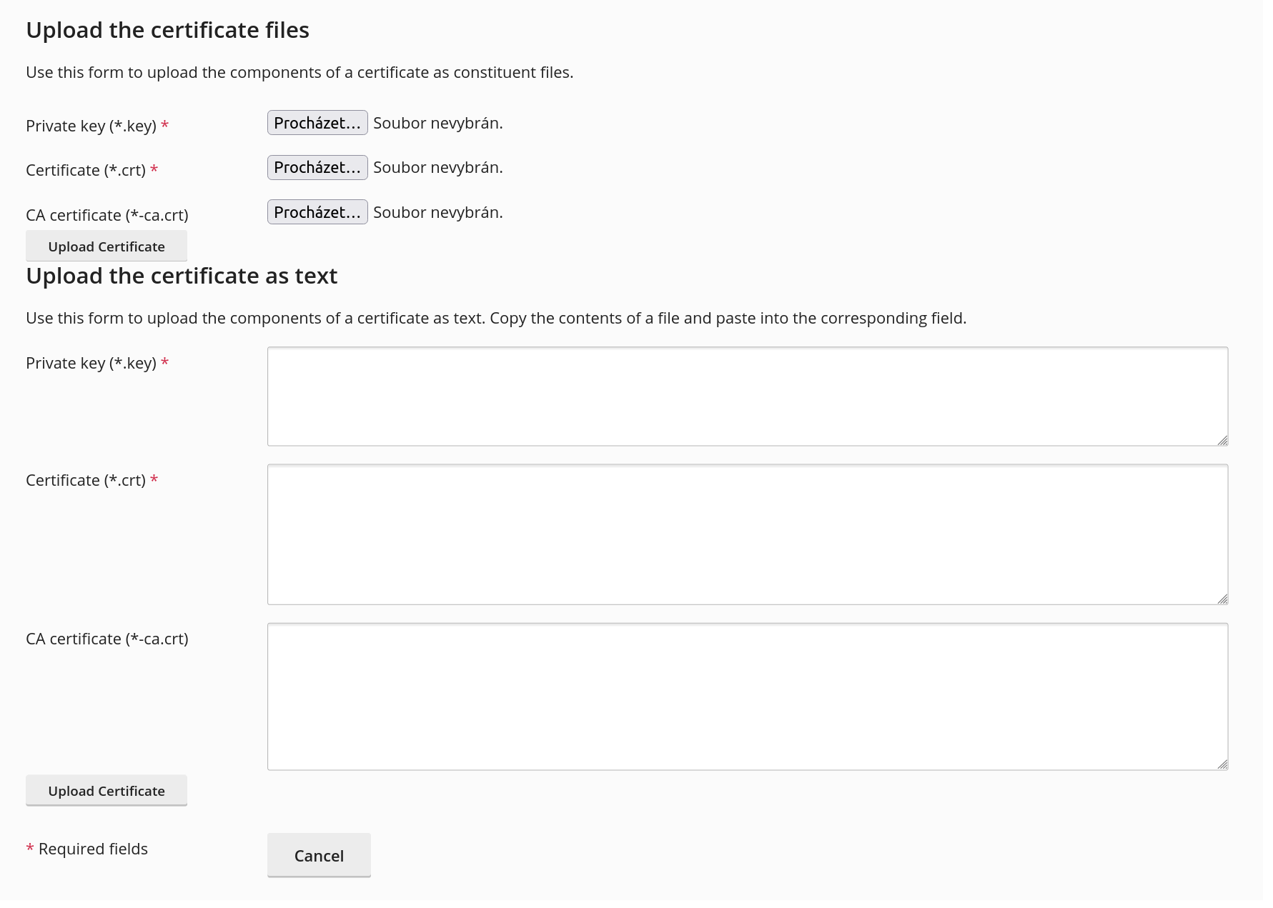 Upload certifikátu a privátního klíče na server