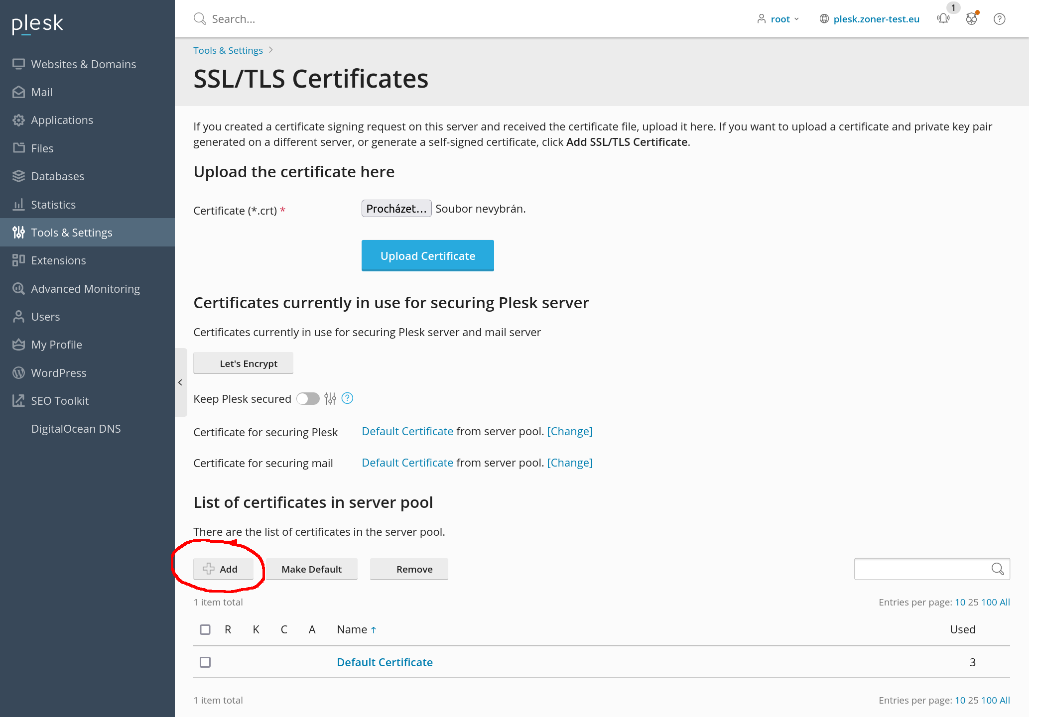 Správa TLS certifikátů v Plesku