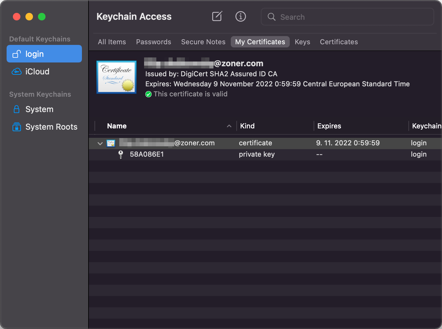 Detail S/MIME certifikátu v Keychain